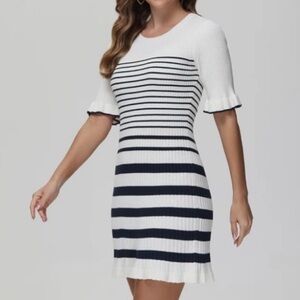 🟠NWT 89th & MADISON Striped Ruffle Midi Sweater Dress in Navy/Off-White